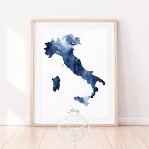 Impresión de mapa de Italia, arte de la pared de Italia, azul acuarela de Italia, impresión de acuarela de Italia, arte de viaje, cartel de Italia, decoración del Ministerio del Interior, arte imprimible