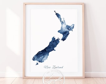 New Zealand Watercolor Print, New Zealand Wall Art, New Zealand Map Watercolor Blue, Travel, Poster, Modern Home Office Decor, Printable Art