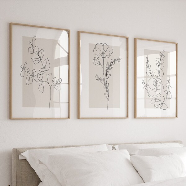 Neutral Wall Art Prints, Botanical Line Art, Set of 3 Beige Plant Prints, Minimalist Modern Bedroom Living Room Wall Decor, Printable Art