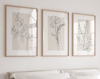 Neutral Wall Art Prints, Botanical Line Art, Set of 3 Beige Plant Prints, Minimalist Modern Bedroom Living Room Wall Decor, Printable Art