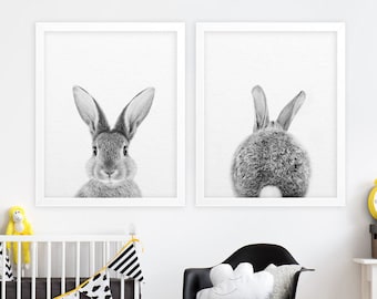 Arte della parete della scuola materna, set di coniglietti, stampa di coniglio, coda di culo di coniglietto, stampe di animali per bambini, arredamento per la scuola materna del bosco, animali per bambini della scuola materna, arte stampabile