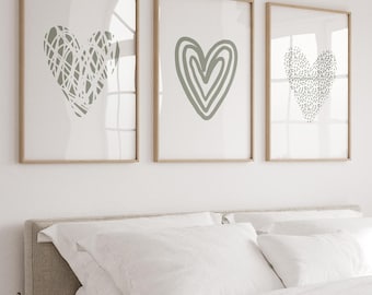 Sage Green Love Heart Prints, Set of 3 Abstract Art, Love Heart Wall Prints, Sage Green Bedroom Wall Decor, Couples Wall Art, Printable Art