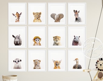 Safari Nursery Decor, Safari Animal Prints, Baby Animals Set 12, Safari Animals, Lion, Giraffe, Zebra, Nursery Wall Art, Kids Room Printable