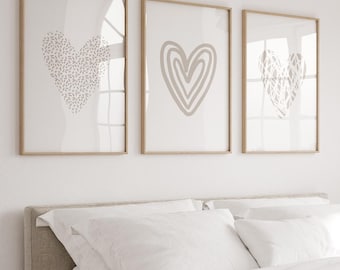 Set of 3 Abstract Prints, Love Heart Wall Prints, Neutral Beige Wall Art, Minimalist Wall Art, Bedroom Wall Art, Home Decor, Printable Art