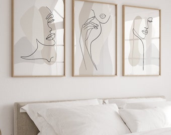 Neutrala väggkonsttryck, linjekonst, set med 3 neutrala tryck, minimalistisk modern väggdekoration för sovrum och vardagsrum, kvinnlig linjekonst, utskrivbar konst