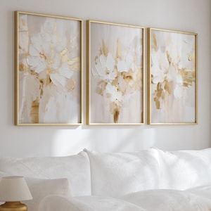 Abstraktes 3er-Set, abstrakte Blumenwandkunst, texturierte neutrale Kunst, beige-goldene Wanddekoration, modernes Schlafzimmer/Wohnzimmer zum ausdrucken