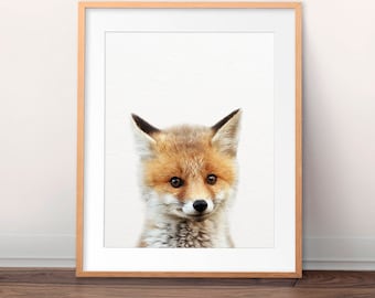 Impresión de zorro, arte de pared de cachorro de zorro, foto de cachorro de zorro, decoración de guardería, impresiones de animales bebés, arte de animales de guardería, animales del bosque, arte imprimible de la habitación de los niños