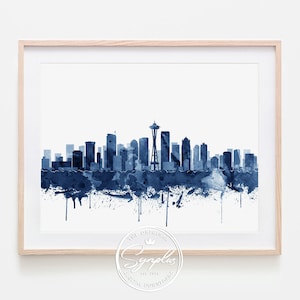 Seattle Skyline Print, Seattle Art, Washington Cityscape, Seattle Watercolor Blue, Seattle Poster, Modern Wall Art, Home Decor Printable Art
