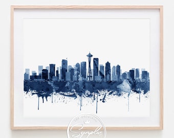 Seattle Skyline Print, Seattle Art, Washington Cityscape, Seattle Watercolor Blue, Seattle Poster, Modern Wall Art, Home Decor Printable Art