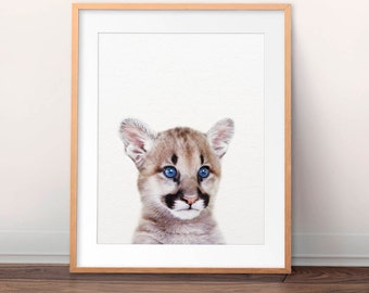 Stampa Puma, Arte della parete del cucciolo di Cougar, Stampa Baby Puma, Stampa animali del bosco, Stampe animali del bambino, Arredamento della scuola materna del bosco, Arte stampabile della camera dei bambini