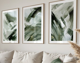 Abstract Sage Green Wall Art, Brush Strokes Olive Green, Set of 3 Prints, Minimalist Modern Bedroom Living Room Wall Decor, Printable Art