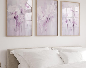 Set di 3 stampe artistiche da parete con fiori astratti, dipinti con pennellate lilla e viola, decorazioni moderne per la camera da letto delle ragazze, stampe artistiche.
