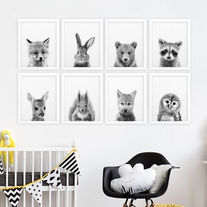 Woodland Nursery Decor, Baby Animals Set of 8, Bunny, Fox, Bear, Deer, Woodland Animal Prints, Black & White Nursery Wall Art, Printable Art image 1