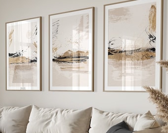 Set of 3 Abstract Print, Beige Black and Gold Painting Wall Art, Modern Neutral Minimalist Bedroom Living Room Wall Art Decor, Printable Art