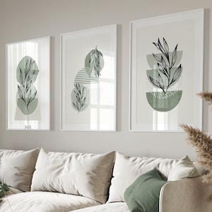 Boho Abstract Wall Art Prints, Sage Green Wall Art, Set of 3 Boho Wall Art, Neutral Green Bedroom Living Room Wall Art Decor, Printable Art