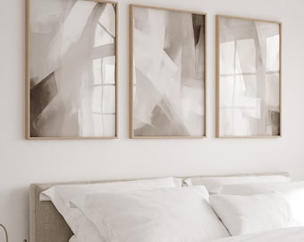 Set di 3 stampe astratte, quadri neutri da parete, pennellate beige, avorio e bianche, decorazioni minimaliste per camera da letto e soggiorno, stampe artistiche.