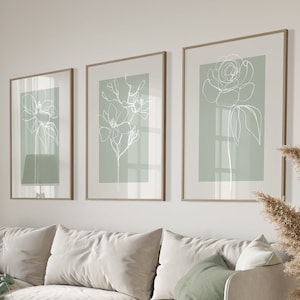 Sage Green Wall Art Prints, Botanical Line Art, Set of 3 Prints, Minimalist Modern Neutral Bedroom Living Room Wall Decor, Printable Art