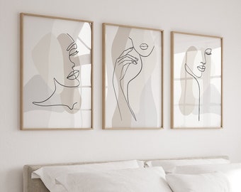 Neutral Wall Art Prints, Line Art, Set of 3 Neutral Prints, Minimalist Modern Bedroom Living Room Wall Decor, Woman Line Art, Printable Art