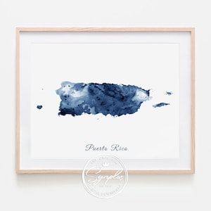 Impresión de acuarela de Puerto Rico, arte de la pared del mapa de Puerto Rico, acuarela de Puerto Rico azul profundo, decoración del ministerio del interior, viajes, arte moderno e imprimible