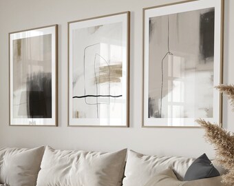 Modern Neutral Wall Art Set of 3 Abstract Prints, Simple Abstract Minimalist Brush Strokes, Line Art, Neutral Gallery Wall Decor, Printable
