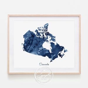 Impresión de mapas de Canadá, arte de la pared de Canadá, acuarela de Canadá azul profundo, arte de la acuarela del mapa de Canadá, decoración del ministerio del interior, viajes, arte moderno e imprimible