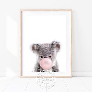 Könnte beinhalten: Ein süßes Koala mit einem rosa Kaugummi im Mund. Das Koala schaut direkt auf den Betrachter. Das Bild ist in einem weißen Rahmen.