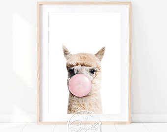 Baby Alpaca With Pink Bubble Gum Print, Baby Llama Blowing Bubble Gum, Farm Animal, Girl Nursery Decor, Baby Animals Printable Art, Synplus