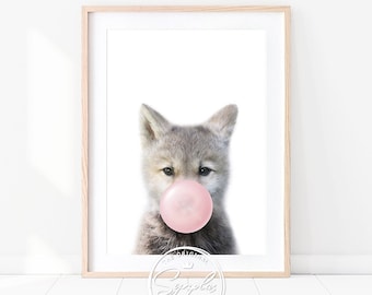 Baby Wolf With Bubble Gum, Wolf Cub Blowing Bubble Gum, Woodland Nursery Decor, Girl Nursery Wall Art, Baby Animals Printable Art by Synplus