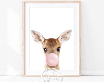 Baby Deer With Bubble Gum, Deer Blowing Pink Bubble Gum, Woodland Nursery Decor, Girl Nursery Wall Art, Baby Animal Printable Art by Synplus