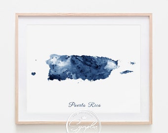 Puerto Rico Watercolor Print, Puerto Rico Map Wall Art, Puerto Rico Watercolor Deep Blue, Home Office Decor, Travel, Modern, Printable Art