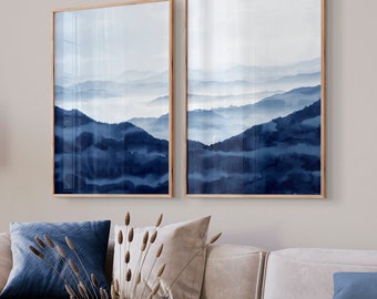 Blue Abstract Watercolor Wall Art, Set of 2 Prints, Blue Mountain Art, Blue Wall Art, Bedroom Living Room Wall Decor, Home Decor, Printable