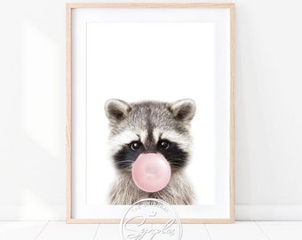 Baby Raccoon With Bubble Gum, Raccoon Blowing Bubblegum, Woodland Nursery Decor, Girl Nursery Wall Art, Baby Animal Printable Art by Synplus