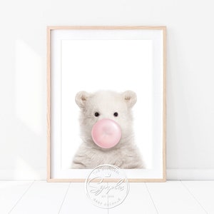 Baby Polar Bear With Bubble Gum, Bear Cub Blowing Bubblegum, Nursery Decor, Girl Nursery Wall Art, Snow Baby Animal Printable Art by Synplus
