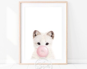 Baby Arctic Fox With Bubble Gum, Baby Fox Blowing Bubblegum, Nursery Decor, Girl Nursery Wall Art, Snow Baby Animal Printable Art by Synplus