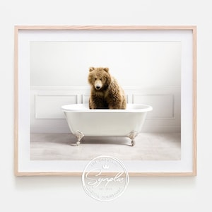 Könnte beinhalten: Ein brauner Bär sitzt in einer weißen Badewanne mit silbernen Füßen. Der Bär schaut in die Kamera. Der Hintergrund ist ein weiß gefliestes Badezimmer mit weißen Wandverkleidungen.