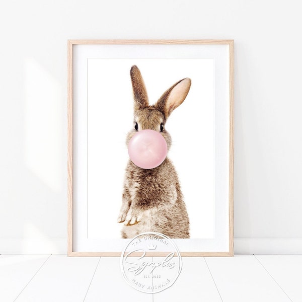 Conejito marrón con estampado de chicle, Conejo bebé soplando chicle, Woodland Nursery Wall Art Decor, Baby Animals Printable Art de Synplus