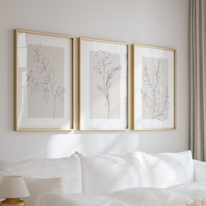 Neutral Wall Art Prints, Botanical Line Art, Set of 3 Beige Plant ...