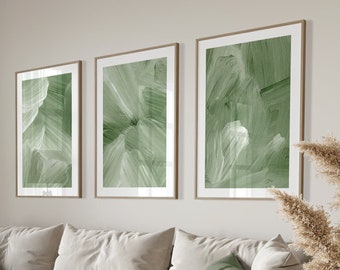 Abstract Sage Green Wall Art, Green White Brush Strokes Art Prints Set of 3, Minimalist Modern Bedroom Living Room Wall Decor, Printable Art