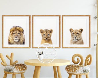 Safari Nursery Decor, Lions Family Print, Safari Animals Set Of 3, Lion, Lioness, Baby Lion Print, Nursery Wall Art, Kids Room Printable Art