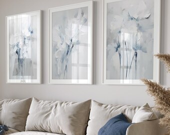 Blue Abstract Set of 3 Prints, Blue Flowers Wall Art Prints, Blue Wall Art, Blue Soft Tones Wall Decor, Modern Bedroom Living Room Printable