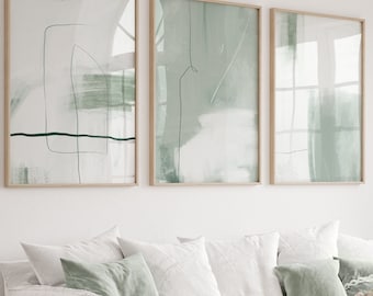 Sage Green Wall Art Set of 3 Abstract Prints, Modern Simple Abstract Minimalist Brush Strokes, Line Art Neutral Gallery Wall Decor Printable