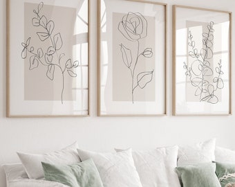 Neutral Wall Art Prints, Botanical Line Art, Set of 3 Beige Plant Prints, Minimalist Modern Bedroom Living Room Wall Decor, Printable Art