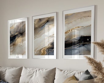 Abstrakta väggkonsttryck, abstrakt konst, set med 3 väggtryck, marmorväggtryck, beige, grå, svart och guld, neutral väggdekor, utskrivbar