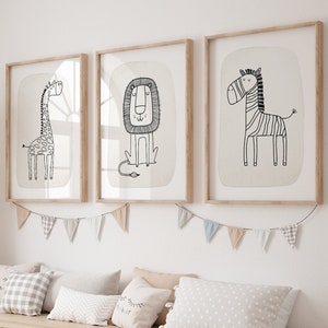 Safari Nursery Wall Prints, Boho Nursery Prints, Set of 3 Prints, Neutral Nursery Prints, Animal Nursery, Line Art, Nursery Decor, Printable