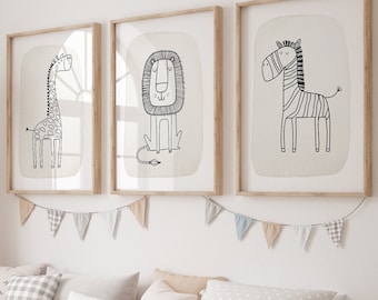 Safari Nursery Wall Prints, Boho Nursery Prints, Set of 3 Prints, Neutral Nursery Prints, Animal Nursery, Line Art, Nursery Decor, Printable