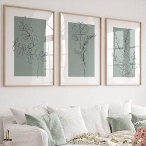 Sage Green Wall Art Prints, Botanical Line Art, Set of 3 Prints, Minimalist Modern Neutral Bedroom Living Room Wall Decor, Printable Art