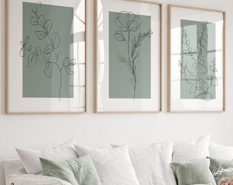 Zielone wydruki ścienne z motywem szałwii, grafika liniowa z motywami botanicznymi, zestaw 3 wydruków, minimalistyczna, nowoczesna, neutralna dekoracja ścienna do sypialni i salonu, drukowana sztuka