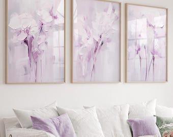 Zestaw 3 abstrakcyjnych obrazów ściennych z kwiatami, liliowo-fioletowe pociągnięcia pędzlem, nowoczesna dekoracja ścienna do pokoju dziewczynki, sztuka do druku