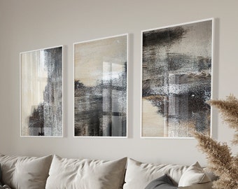 Minimalistiska abstrakta tryck, set med 3, beige grå svartvita penseldragsmålningar, neutral samtida galleriväggdekor, utskrivbar konst
