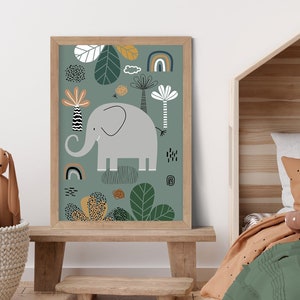 Safari Nursery Wall Art, Boho Nursery Print, Elephant Print, Green Nursery Wall Art, Neutral Nursery Decor, Kids Room Art, Printable Art